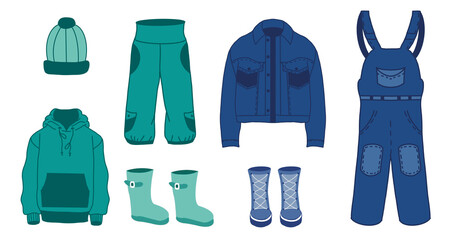 Clothing set: hat, sweatshirt, sweatpants, boots, jacket, jumpsuit. Lace-up boots. Illustration isolated on white background.
