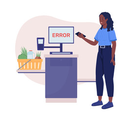 Self check out error 2D vector isolated illustration. Lack of money. Market buyer flat character on cartoon background. Grocery payment error colourful scene for mobile, website, presentation