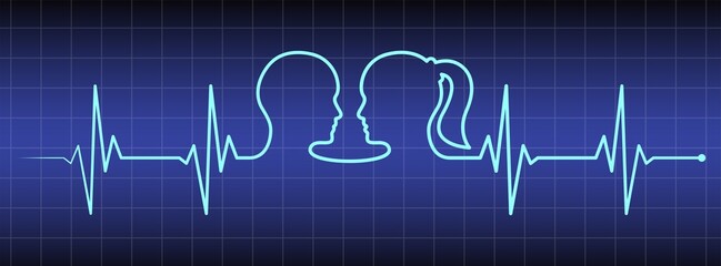 Cardio diagnosis line, man, woman head, love couple line art vector. Heart rhythm ekg vector design to use in love, healthy lifestyle, emotion, family concept illustration projects.
