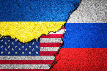 Russia ,Ukraine and USA America Nato painted flags on a wall with a crack , war background concept