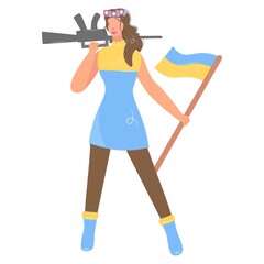 Ukrainian girl with a flag and a gun. A military woman holds a machine gun or a rifle, defends the country. Stop the war in Ukraine. No war. Vector isolated illustration. Flat style.
