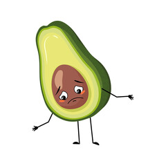 Avocado character with sad emotions, depressed face, down eyes, arms and legs. Person with melancholy expression, vegetable emoticon. Vector flat illustration
