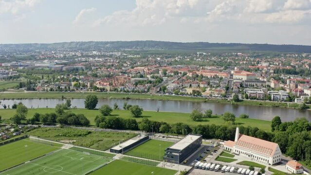 Aerial drone flight over Sportpark Ostra in Dresden
