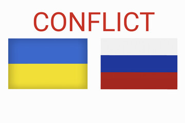 Ukraine vs Russia in world war crisis concept. Clash and military war conflict between Ukrainian and Russian country and nation. Flags of the two countries. Peace, no war, flag symbols