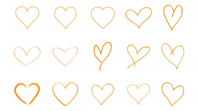 Heart contour vector. Orange hand drawn love icon isolated. Paint brush stroke heart icon. Hand drawn vector for love logo, heart symbol, doodle icon and Valentine's day. Painted grunge vector set