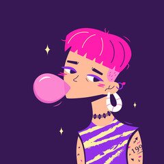Portrait of a sad pink-haired woman with chewing gum and tattoos. Avatar of a young girl for a social network. Vector illustration in flat style