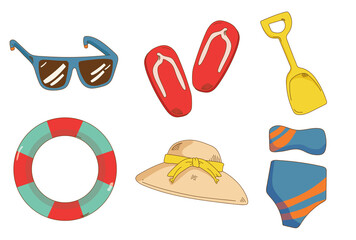 Set of beach clothes, swimming  suit and accesories. Summer items flat vector illustration