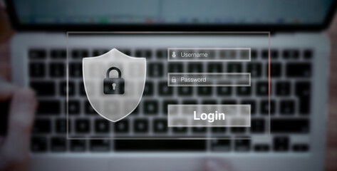 open login window asks for username and password, next to it a shield with keyhole, in the...