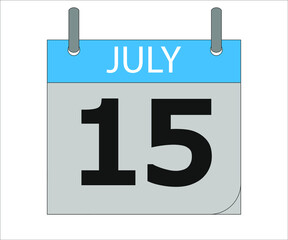 July 15th. Calendar icon. Date day of the month Sunday, Monday, Tuesday, Wednesday, Thursday, Friday, Saturday and Holidays