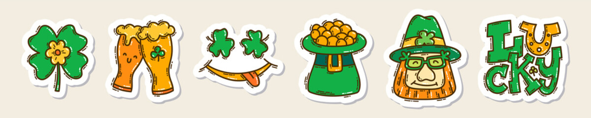 Colorful St. Patrick's Day doodle style hand-drawn sticker set with simple engraving effect. Cute Irish holiday symbols and elements collection.