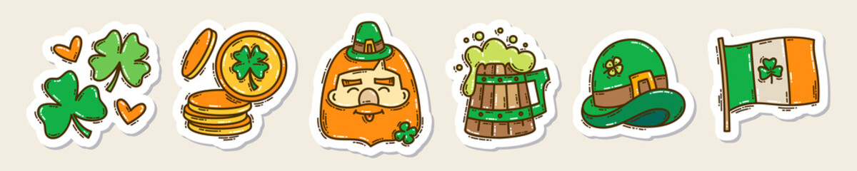 Colorful St. Patrick's Day doodle style hand-drawn sticker set with simple engraving effect. Cute Irish holiday symbols and elements collection.