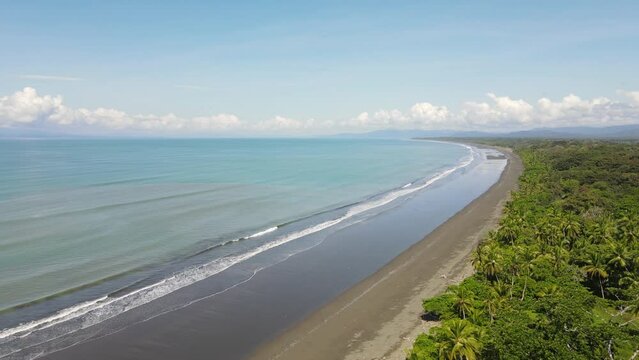 Aerial shot of a beautiful long beach in costa rica. Sunny day close to the pacific ocean and the tropical forest