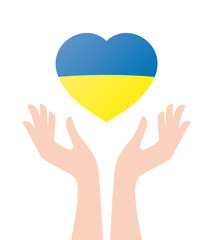 Vector two female hands catching art heart with Ukraine flag. Isolated on white background