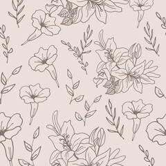 retro flower background. hand drawn vector. seamless pattern with beautiful blooming flower with leaf illustration. monochrome style. art for wallpaper, wrapping paper and gift, fabric, textile. 