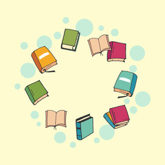 circle of books. set of colorful books illustration. hand drawn vector. open and close book. education background. doodle art for wallpaper, poster, banner, logo, advertising, sticker, clipart, cover.