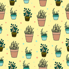 rustic houseplant background. beautiful decorative potted plant illustration on yellow background. hand drawn vector. seamless pattern with flowerpot. art for wallpaper, wrapping paper, fabric,textile