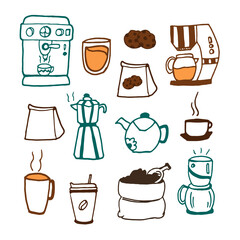 set of coffee icon on white background. coffee maker, machine, coffee beans, teapot, chocolate cookies, paper bag, cup and glass of coffee. hand drawn vector. doodle art for logo, sticker, clipart. 