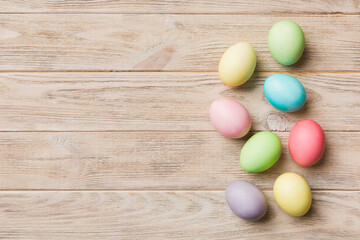 holiday preparation Multi colors Easter eggs on colored background . Pastel color Easter eggs. holiday concept with copy space