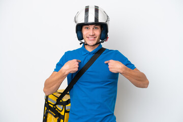 Young caucasian man with thermal backpack isolated on white background with surprise facial expression