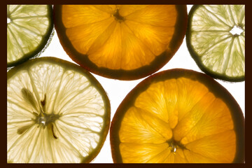 Backlit orange lemon and lime slices on a transparent background