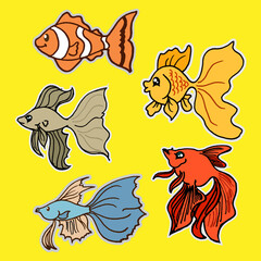 set of aquarium fish illustration on yellow background. hand drawn vector. cute and elegant fish. beautiful tail and fin. doodle art for logo, label, sticker, clipart, poster, sticker apps, decoration