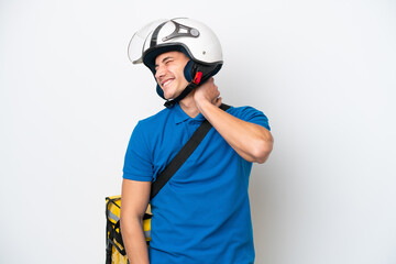 Young caucasian man with thermal backpack isolated on white background with neckache