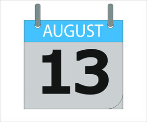 August 13th. Calendar icon. Date day of the month Sunday, Monday, Tuesday, Wednesday, Thursday, Friday, Saturday and Holidays