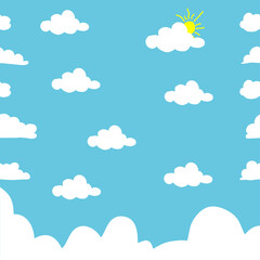 white cloud with sun illustration on blue sky background. hand drawn vector, seamless pattern. clean sky, sunny day. doodle art for wallpaper, fabric, baby clothes, wall decoration, wrapping paper. 