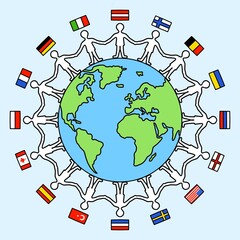 World globe with different people at peace. Nationalities and countries. Cohesion. Freedom and friendship. No war..