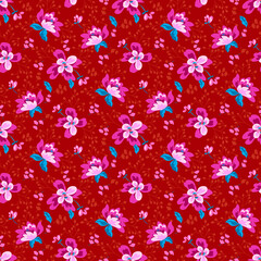 Beautiful vintage floral seamless pattern design, pretty tiny shabby chic style flowers and leaves on a vibrant red color background - 490707469