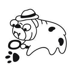 Bulldog make investigation. Vector outline illustration on white background.