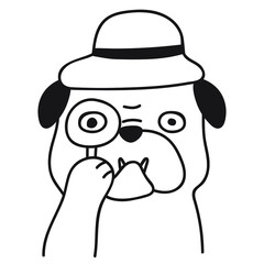 Bulldog with magnifying glass. Vector outline illustration on white background.