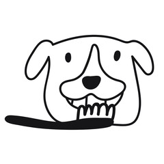 Happy dog with toothbrush. Vector outline illustration on white background.  