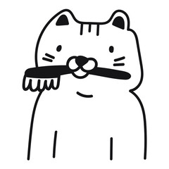 Cat holding toothbrush in mouth. Outline illustration on white background.  