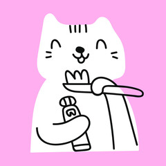 Cat brushing teeth. Illustration on pink background.