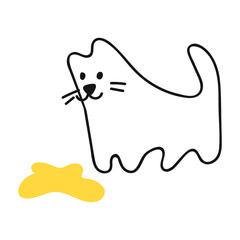 Cat looking at piss spot. Outline vector illustration on white background.