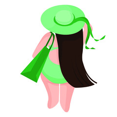 Young woman in plus size swimsuit and hat