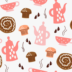 Cute seamless pattern of coffee dnd pastries, doodle sketch hand drawn style, tea, tea pot, cupcake, bun; dessert, bakery.