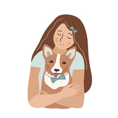 Girl hugs corgi puppy. Pet lover card. Cartoon vector design.