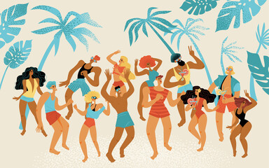 Beach party. Young people in beachwear are dancing and drinking cocktails.