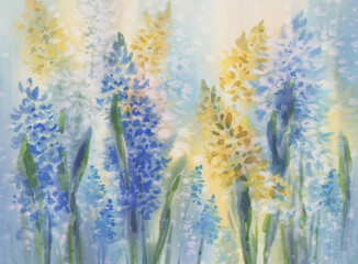 Blue and yellow spring flowers watercolor background
