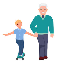 Elderly man walks with a little boy. Grandfather is holding his grandson's hand. Grandpa teaches the baby to ride a skateboard. Vector isolated flat illustration on a white background