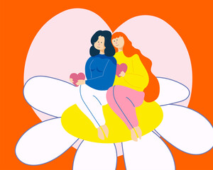 Female lover, LGBTQ couples sitting together holding heart on flower flat vector illustration background