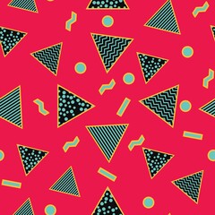 1990's type background seamless pattern made up of circles, Triangles and zigzag
