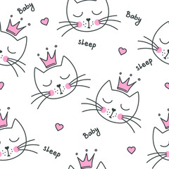 Cats seamless vector pattern with hearts. Cute hand drawn kitten faces with crowns. 