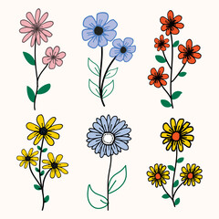 doodle flower art. simple and elegant. set of beautiful flower plant illustration on white background. hand drawn vector. colorful blooming flower. wallpaper, poster, sticker, clipart, cover, gift.