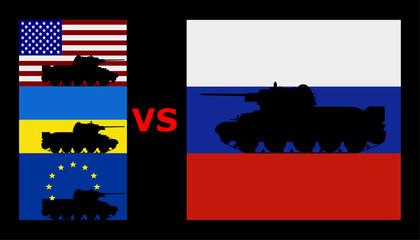 Flags of the United States, Russia, Ukraine and the European Union with combat vehicles on them, cooperation of all parties and understanding against the war
