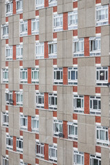 Facade of a concrete tower block George Loveless House in the Dorset Estate in east London