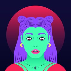 Woman portrait. Flat cartoon girl face, hand drawn avatar of trendy young girl, modern character. Vector illustration