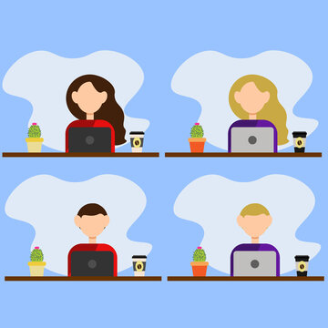 flat office workers, woman with blonde hair, woman with dark brown hair, man with blonde hair and man with dark brown hair are working on a laptop with cup of coffee, flat illustration 